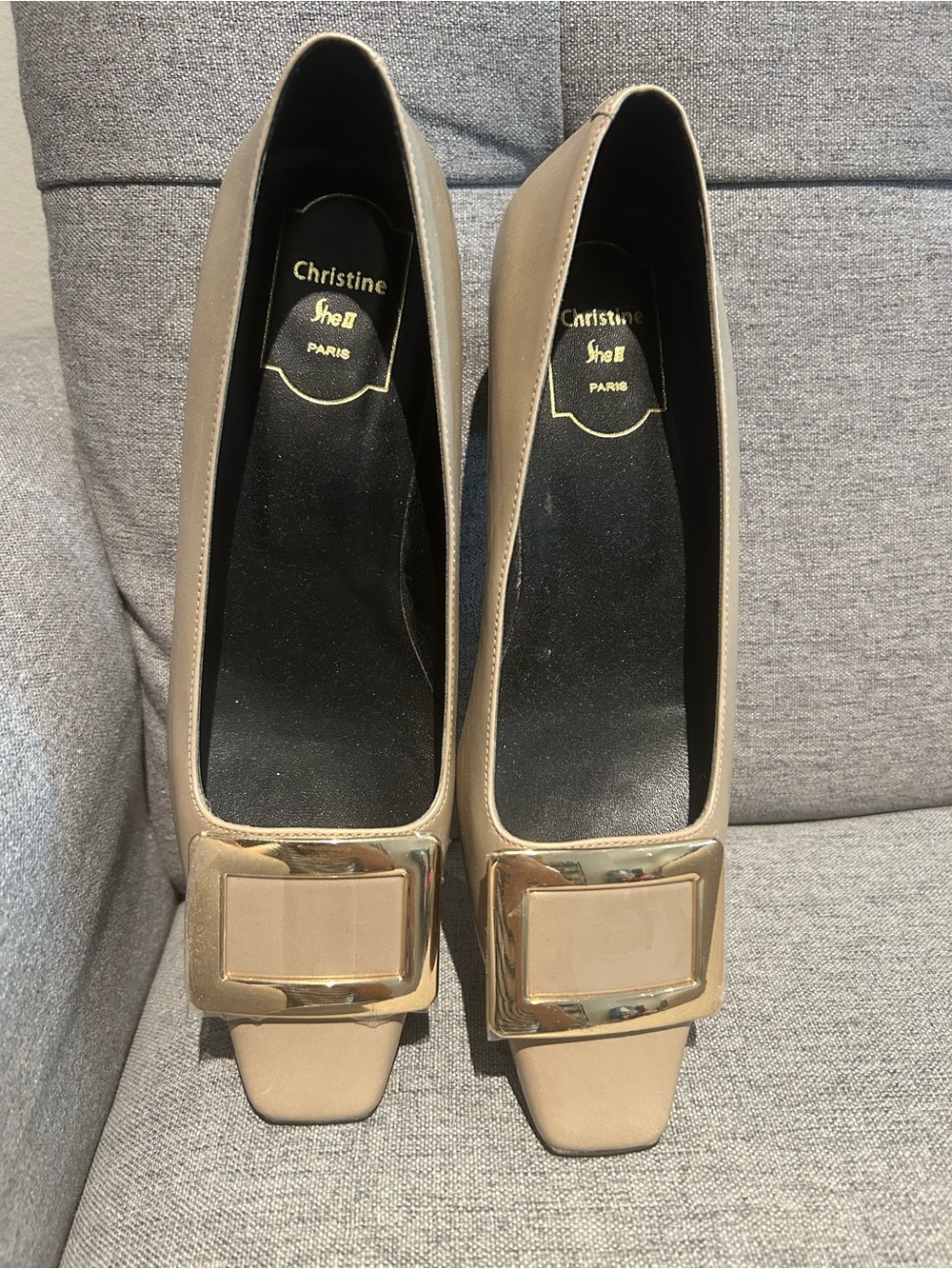 Women Nude Square-Toe Pump heels with Gold Buckle